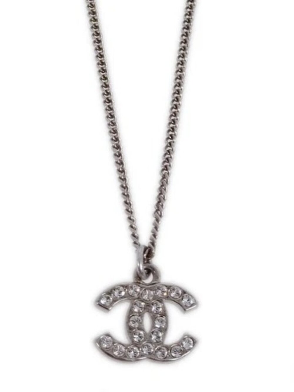 Chanel Silver Chain Necklace Pendant Rhinestone 10V 120096